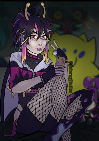 Vtuber Inkybyss holding a phone in a dark room. Very them.